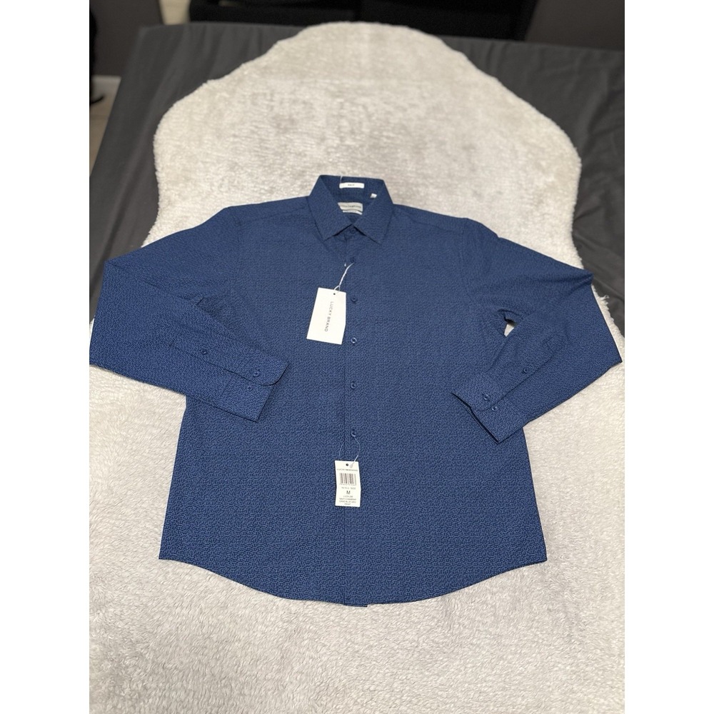 Lucky Brand Dress Shirt Mens Medium Navy Slim Fit Wicking 4 Way Stretch‎ NWT